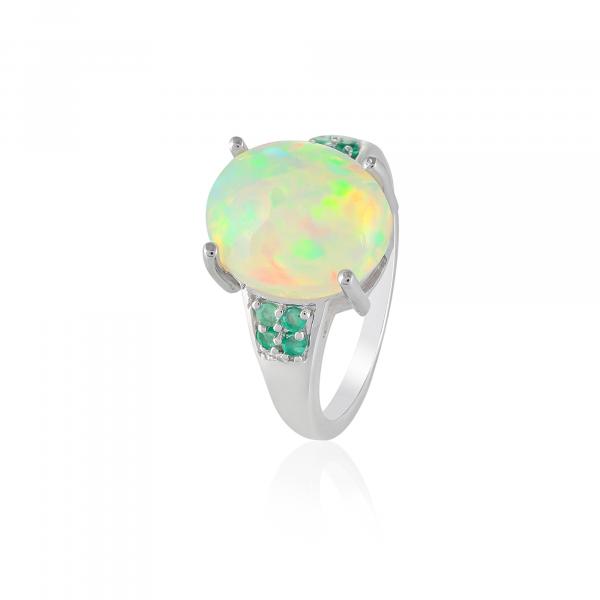 Bague en argent, Opale, Emeraude Ton' Ciel