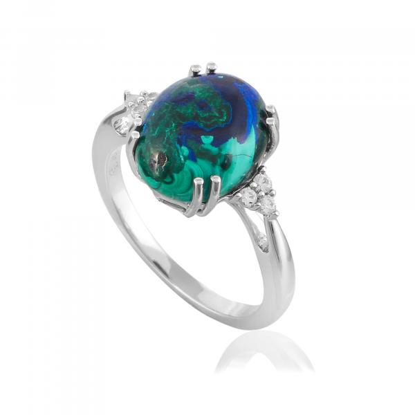 Silver ring, azurite malachite, natural zircon Fidji