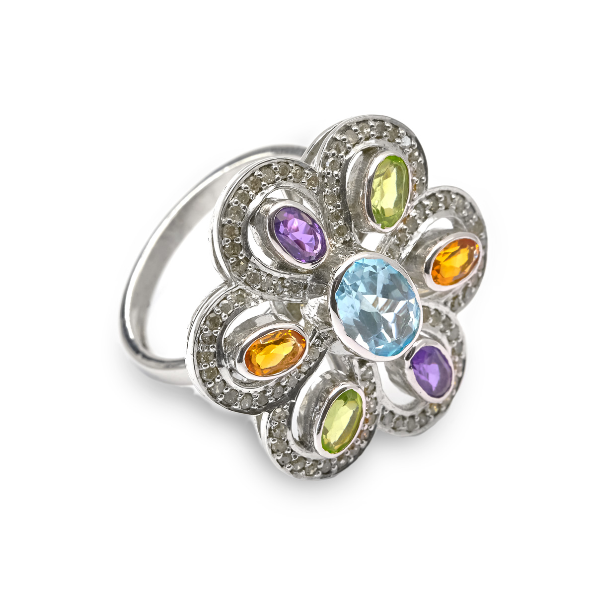 Bague argent univers, topaze, peridot, citrine Sunflower