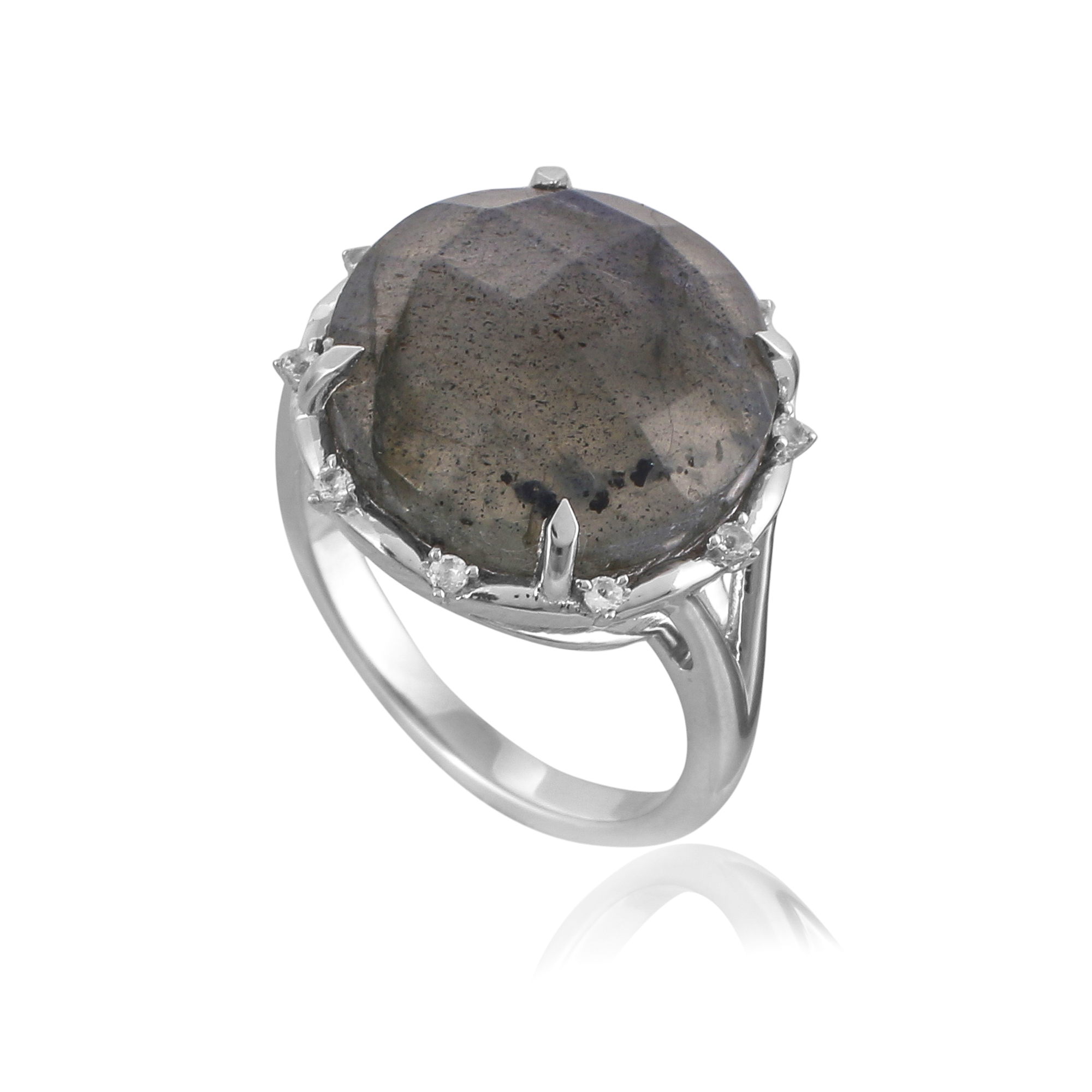 Bague en argent en pierres naturelles labradorite facétée, topaze blanche Fiona