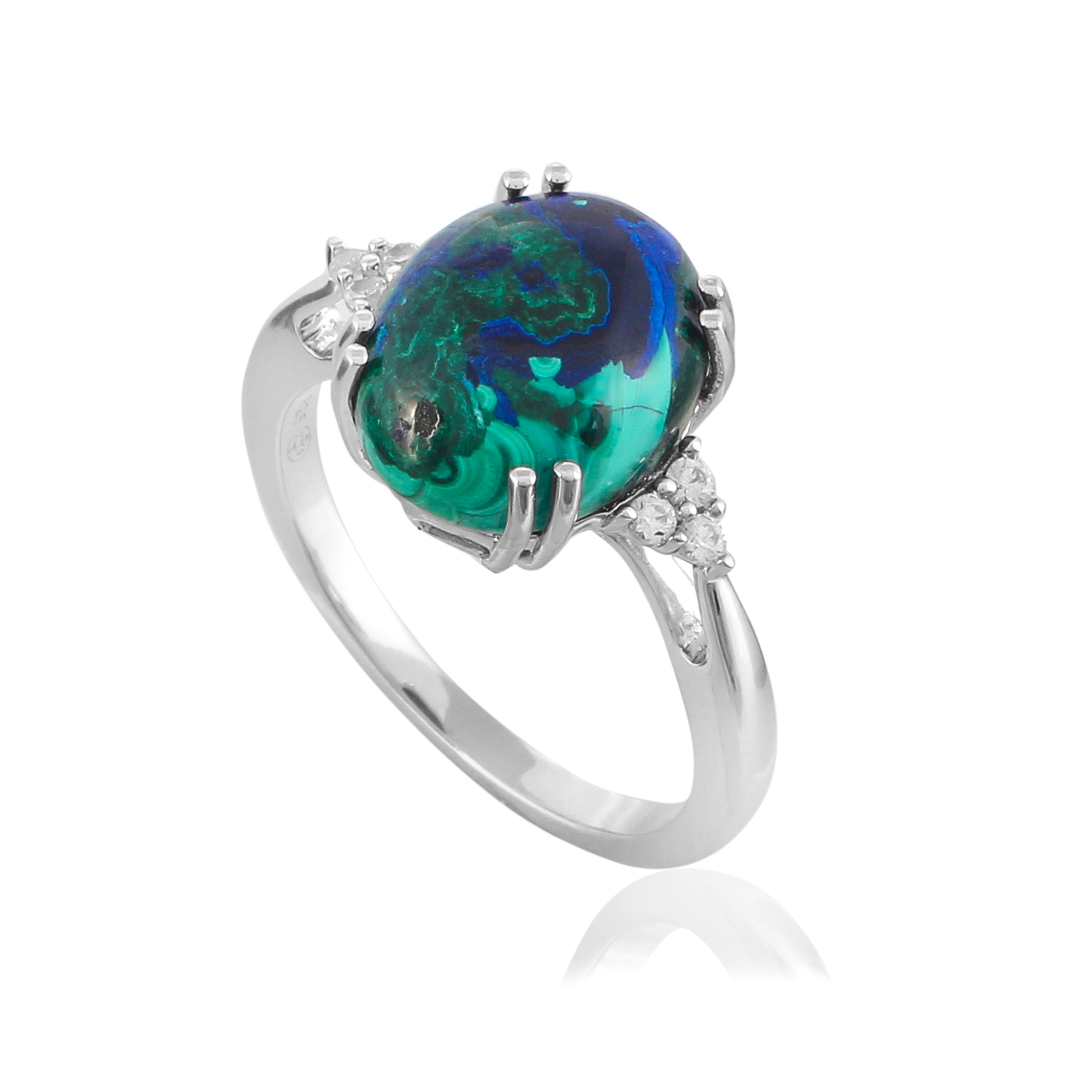 Bague en argent, en pierres naturelles azurite malachite et zircon Fidji